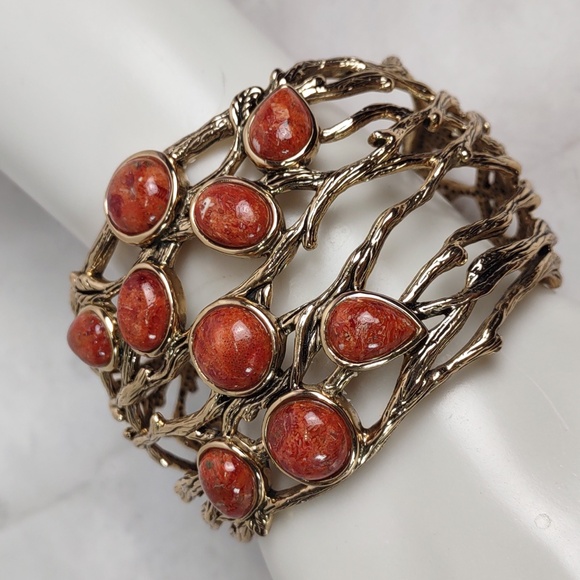 Barse Studio Red Sponge Coral/Bronze Branches Cuff Bracelet - Picture 1 of 7